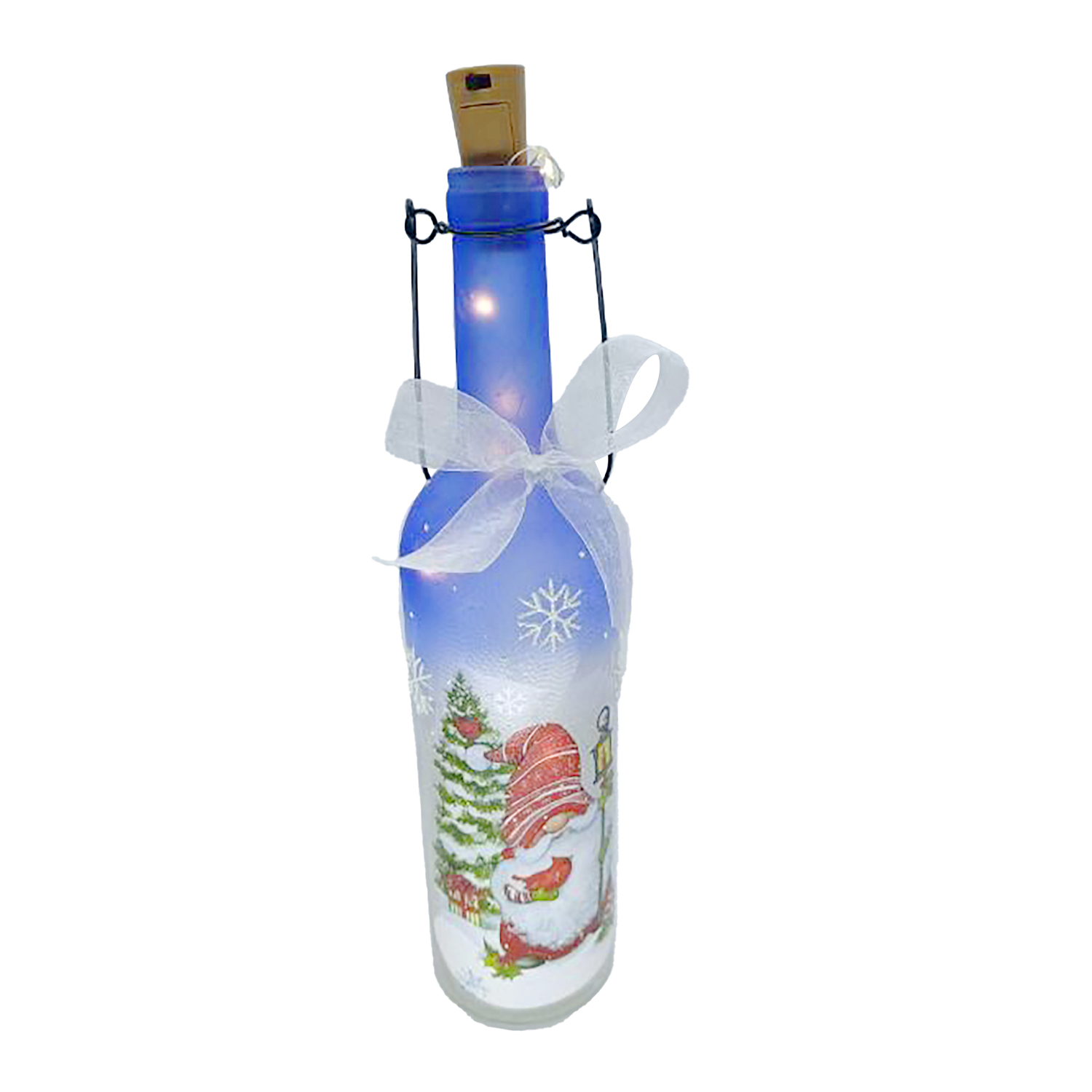 GLASS BOTTLE TABLE DECOR W/10 LED LIGHTS 11.5" BLUE SANTA PATTERN