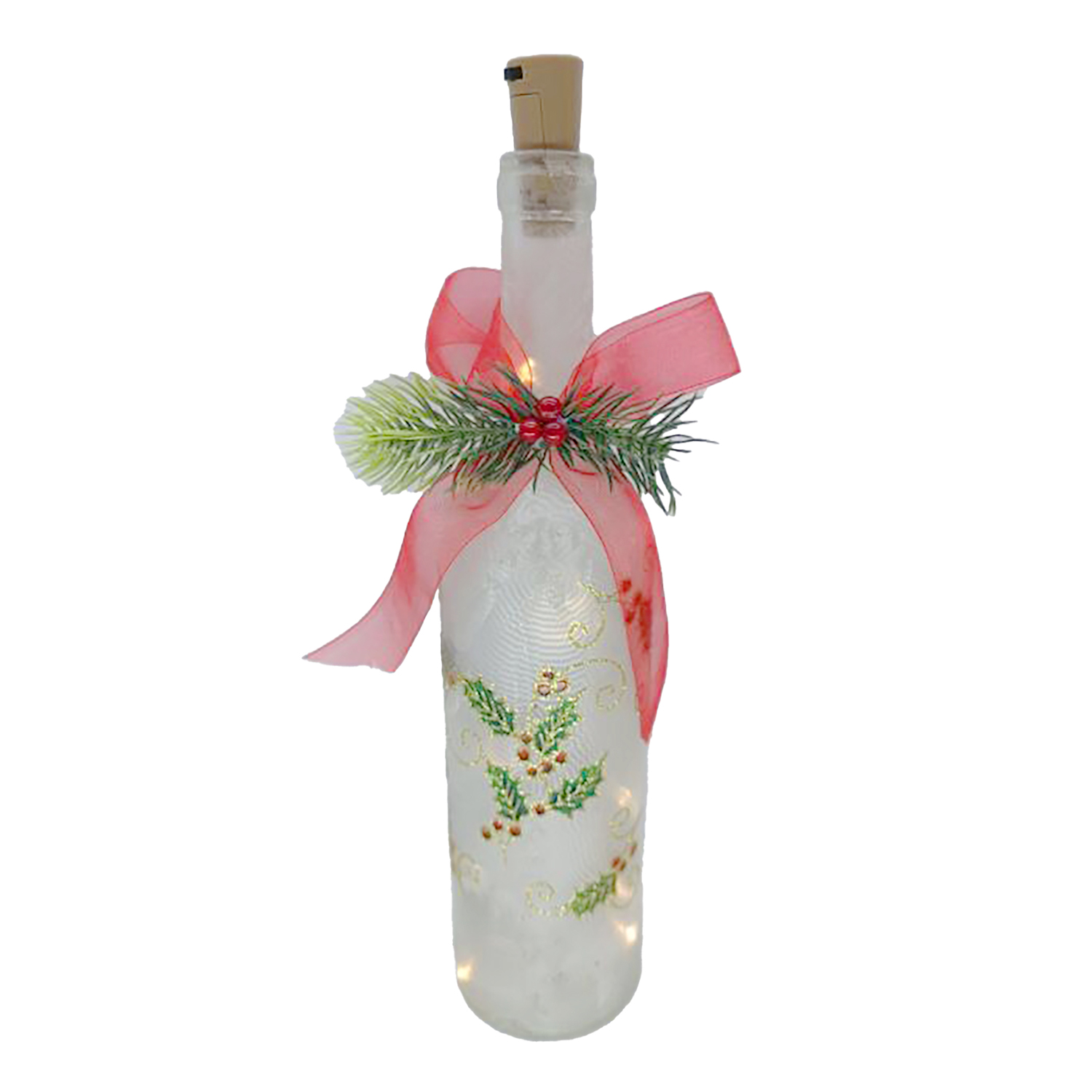 GLASS BOTTLE TABLE DECOR W/ 10 LED LIGHTS 11.5" WHITE HOLY PATTERN