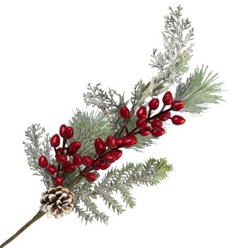 SPRAY FROSTED PINE 20" RED BERRY W/ GREENS & CONE