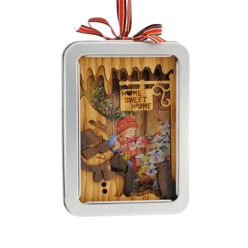 ORN TIN/WOOD 6.5" SNOWMAN, HOUSE SCENE