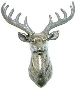 ORN SILVER DEER HEAD 13" ANTIQUE FINISH