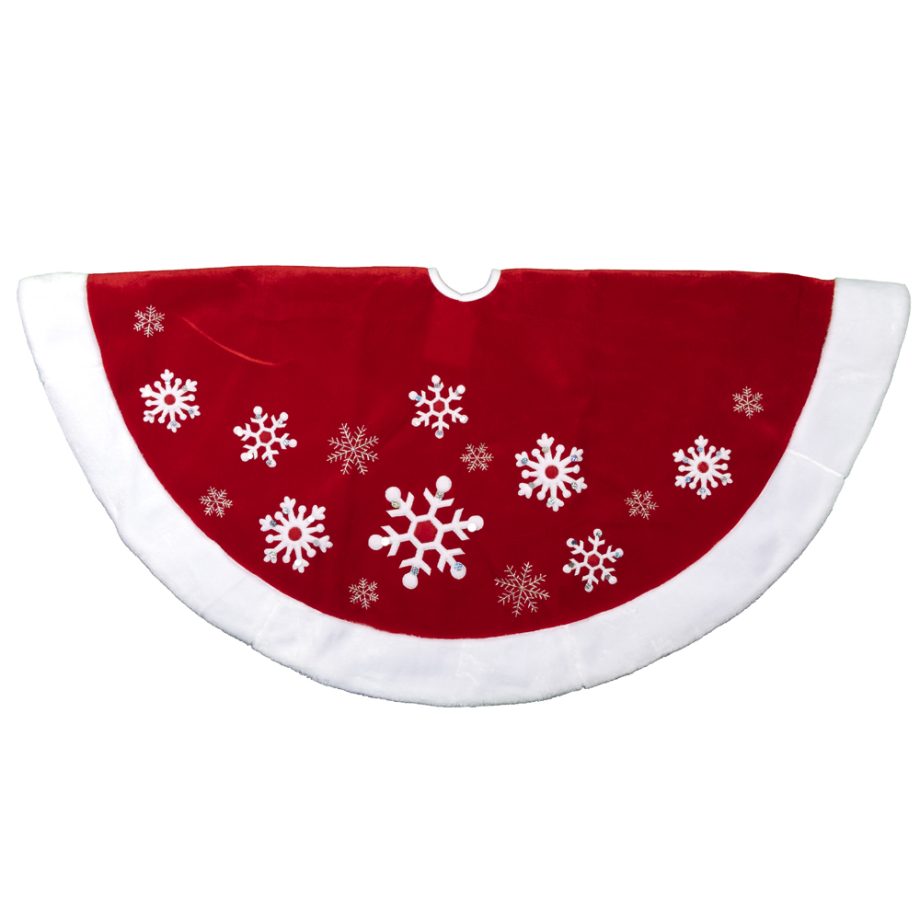 TREE SKIRT 48" RED VELVET SNOWFLAKE DESIGN W/ WHITE FUR BORDER