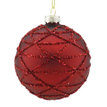 ORN GLASS BALL 3" RED MATTE W/ GLTR TRIANGLE PATT