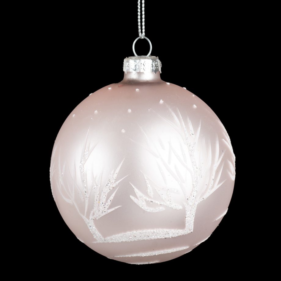 ORN GLASS BALL 3" PINK PEARL W/WHITE TREE DESIGN