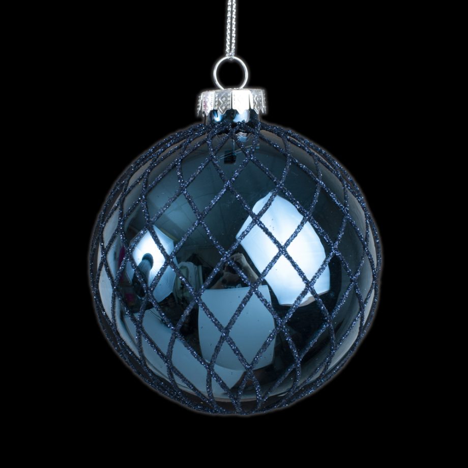 ORN GLASS BALL 3" BLUE- NAVY SHINY W/ BLUE DIAMOND GLITTER DESIGN