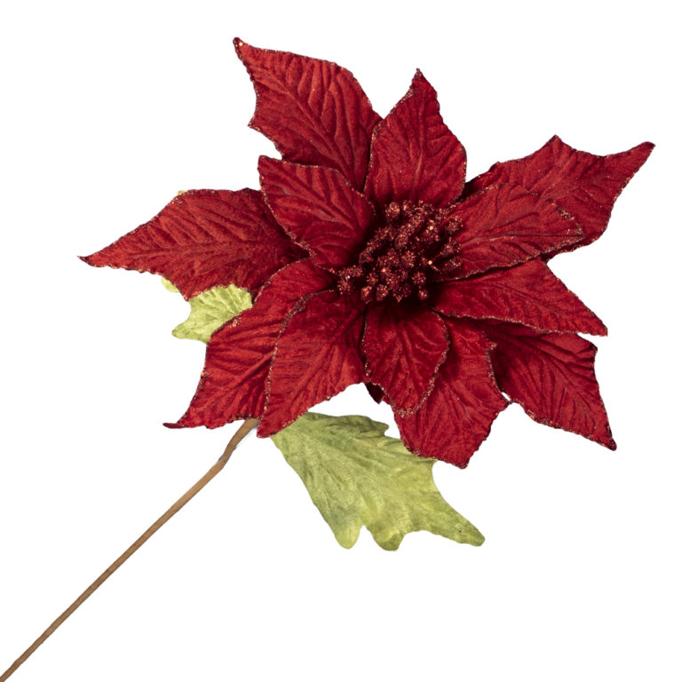POINSETTIA STEM RED 18" VELVET W/ GLITTER EDGE Christmas Forever