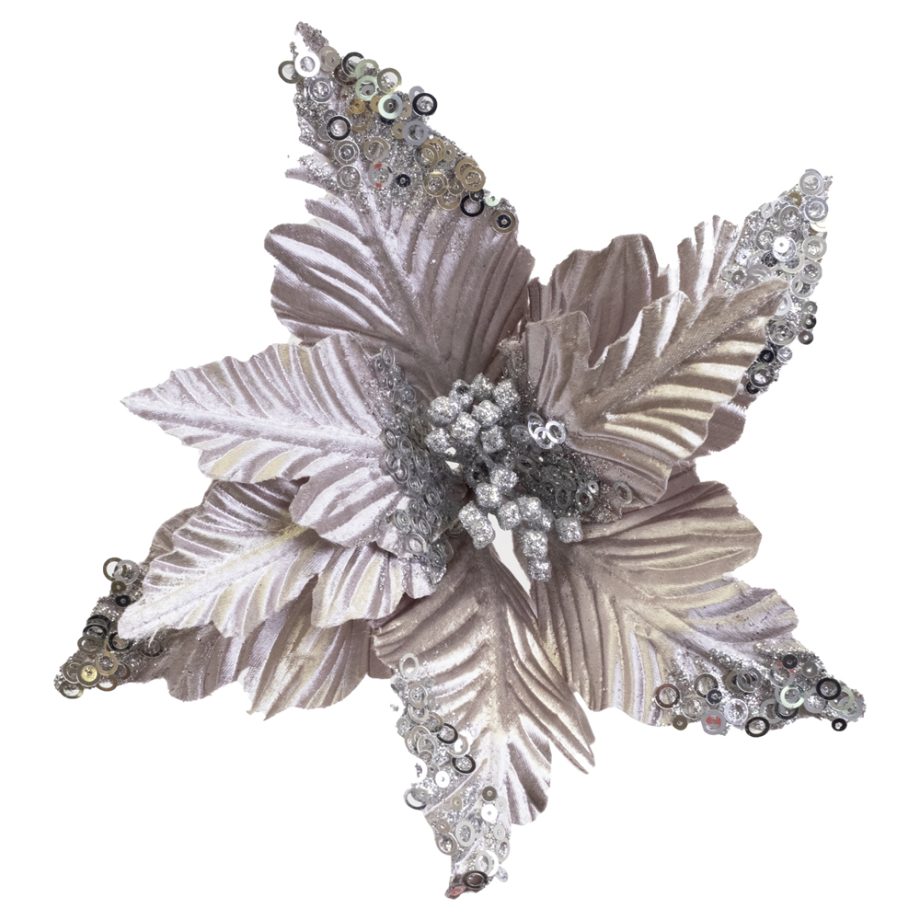 POINSETTIA HEAD SILVER 10" EMBOSSED VELVET W/SEQUIN TIPS & CLIP