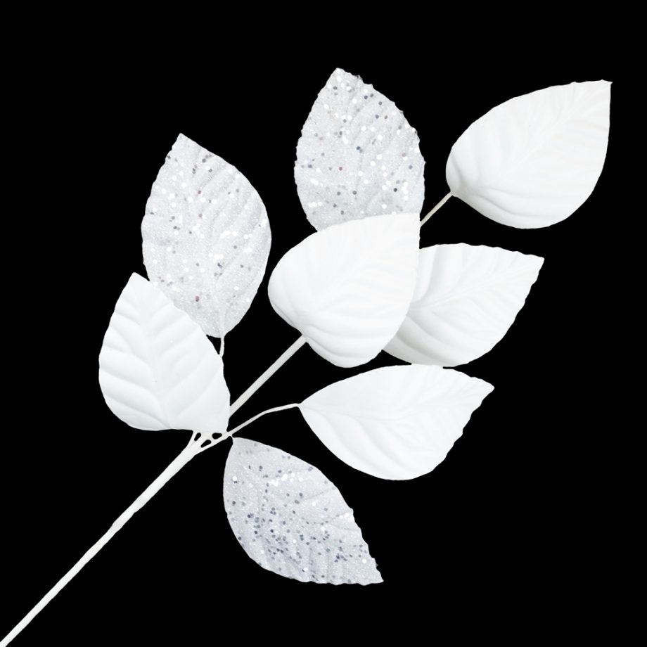 SPRAY LEAVES FABRIC 29" WHITE AND SILVER GLITTER LEAVES