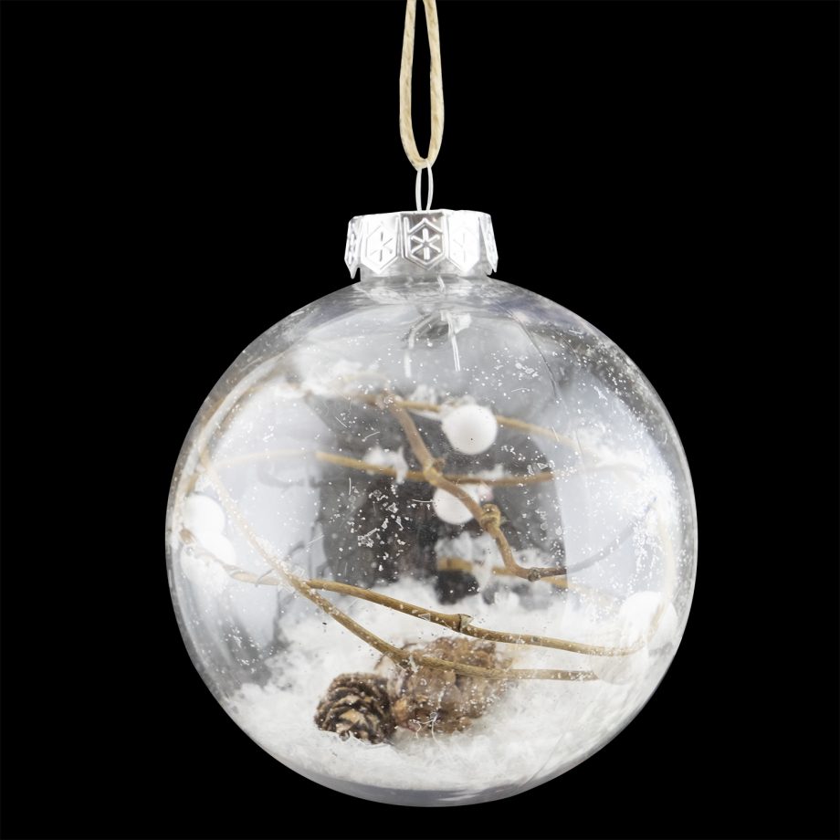 BALL CLEAR 100MM W/ PINECONE, 2 TWIGS INSIDE