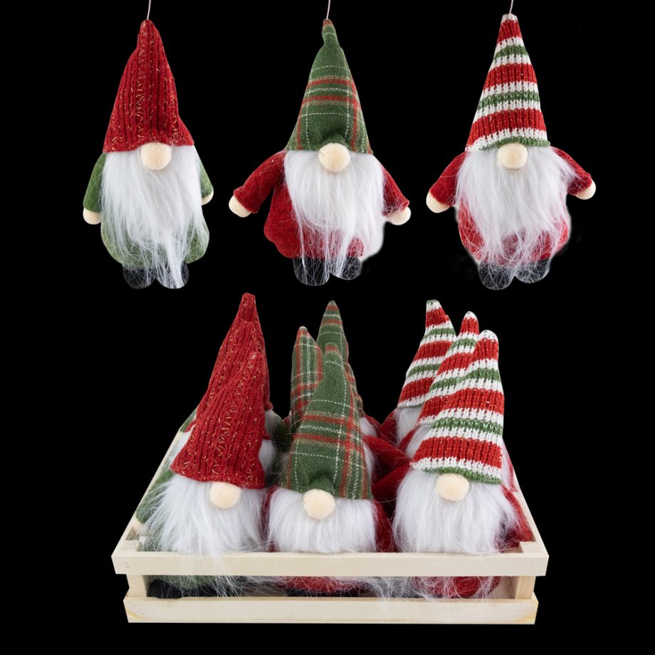 ORN PLUSH GNOME  6" W/RED, PLAID & STRIPE HAT IN  W/TRAY 12 PCS