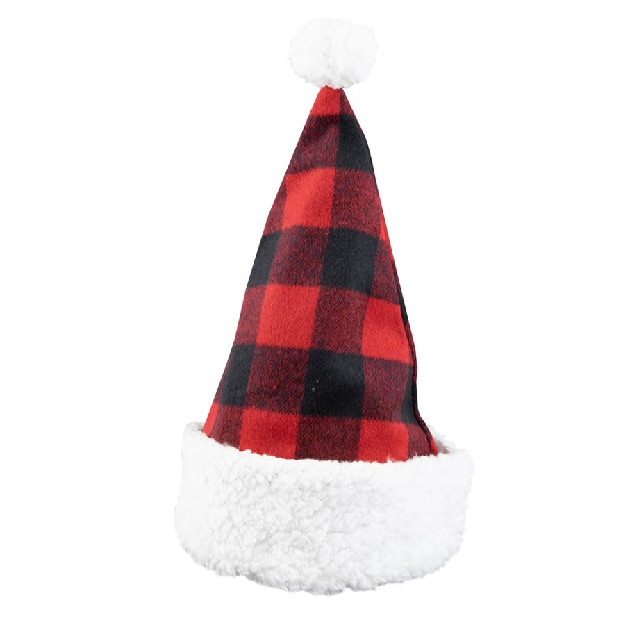 SANTA HAT 15" RED/BLACK BUFFALO PLAID W/ SHERPA BORDER