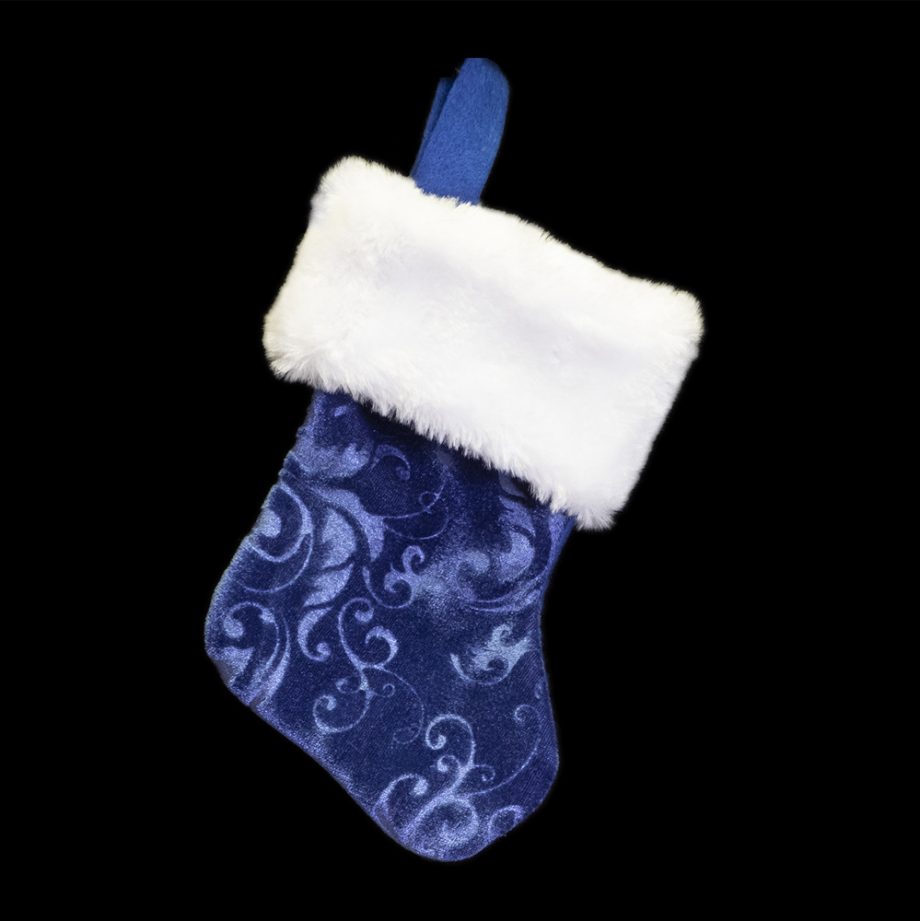 STOCKING MINI 6" BLUE ETCHED VELVET W/ FUR CUFF