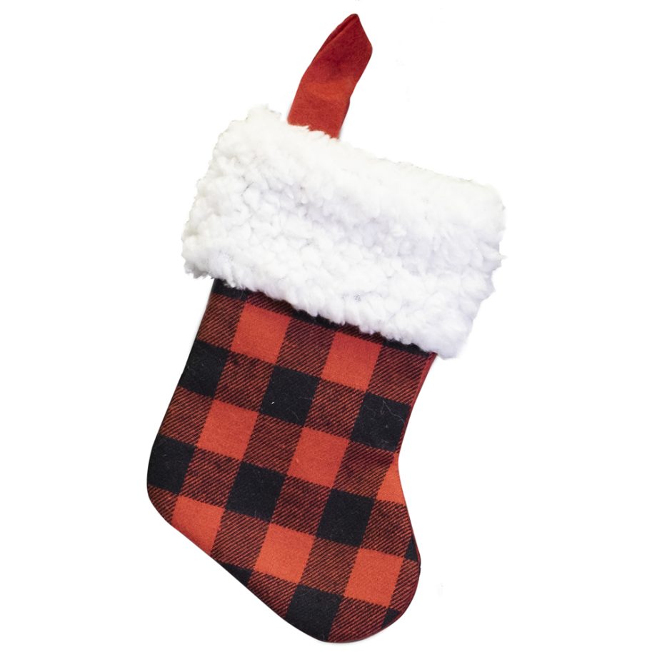 STOCKING MINI 6" RED/ BLACK BUFFALO PLAID W/FUR CUFF