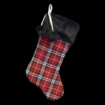 STOCKING 20.5" RED/ BLACK PLAID BLACK  FAUX FUR CUFF AND POM POMS