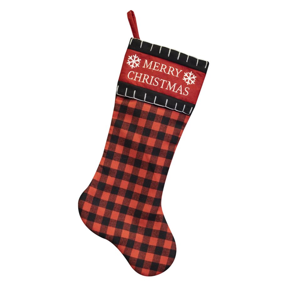 STOCKING 20.5" RED/ BLACK BUFFALO PLAID W/ MERRY CHRISTMAS EMB CUFF