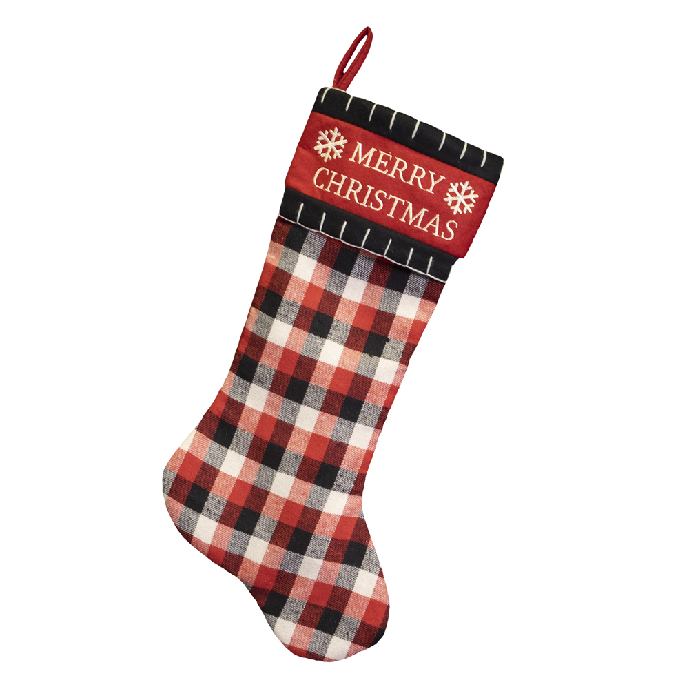 STOCKING 20.5" RED/ BLACK/ WHITE PLAID W/ MERRY CHRISTMAS EMB CUFF