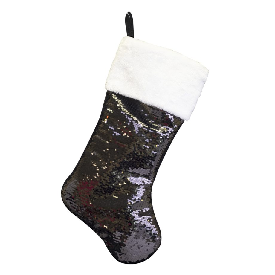 STOCKING 20.5" BLACK/ GOLD REVERSIBLE WITH WHITE FUR CUFF