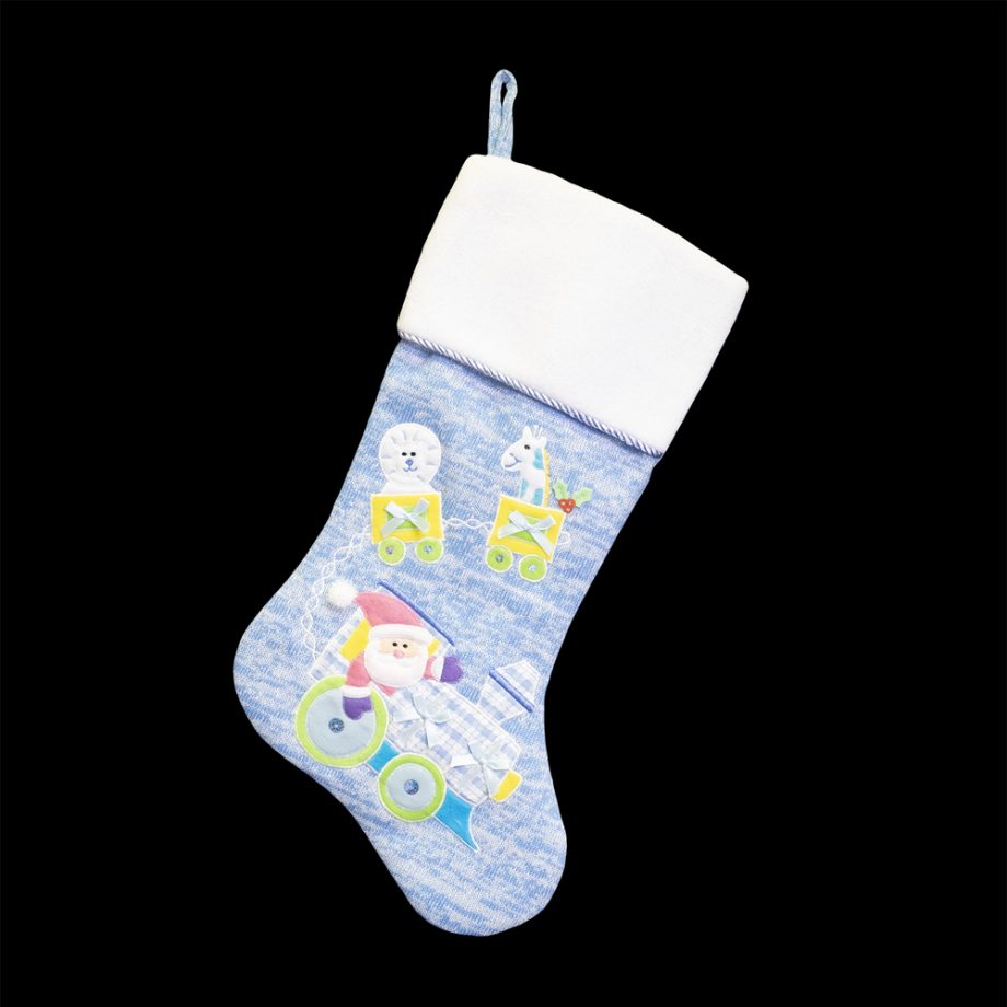 STOCKING 20.5" BLUE KNITTED W/DOG EMB AND FLEECE CUFF