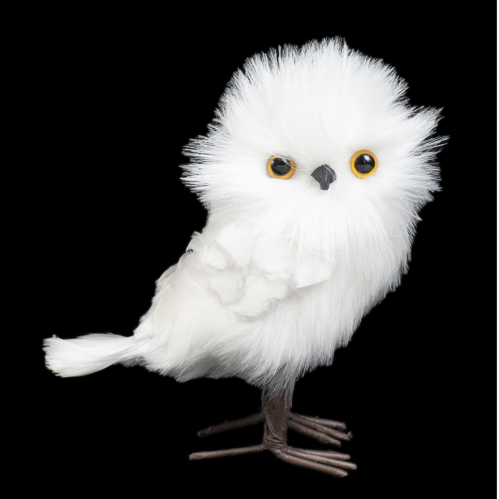 OWL WHITE 4" FLUFFY SCALLOPED FUR STANDING