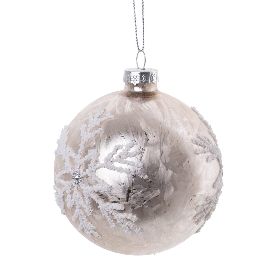 ORN GLASS BALL 3" PINK FROSTED W/ WHITE SNOWFLAKE