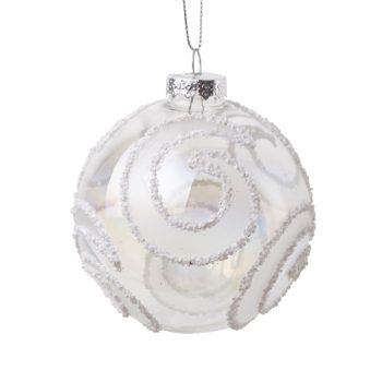 ORN GLASS BALL 3" WHITE FROST W/ WHITE SWIRL PATTERN