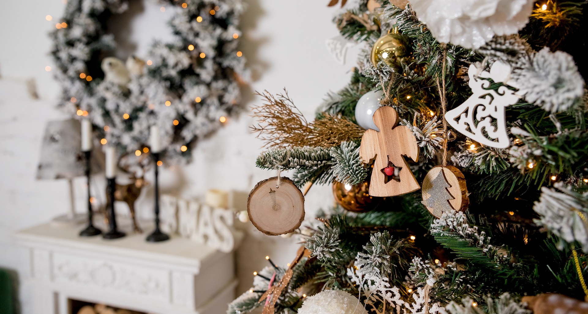 Merry Christmas and Happy Holidays. A beautiful living room decorated for Christmas.festively decorated home interior with Christmas tree.beautiful ornaments and white sparkling lights.