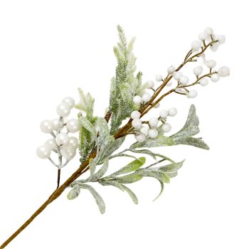 SPRAY GRN LEAVES 18" WHITE BERRY/PODS & MISTLETOE FROSTED
