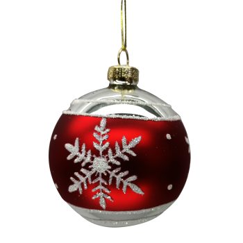 ORN GLASS BALL 3" SILVER W/RED BAND W/SNOWFLAKE