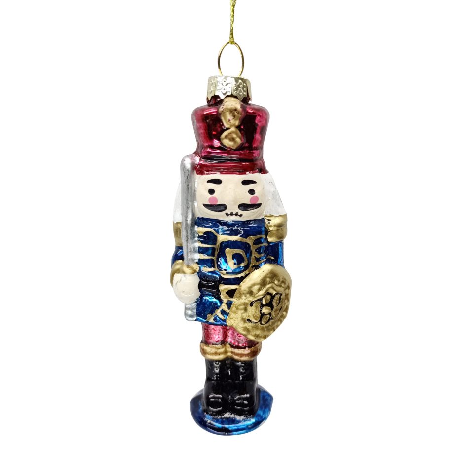 ORN GLASS SOLDIER NUTCRACKER 2"X1"X5" BURGUNDY BLUE