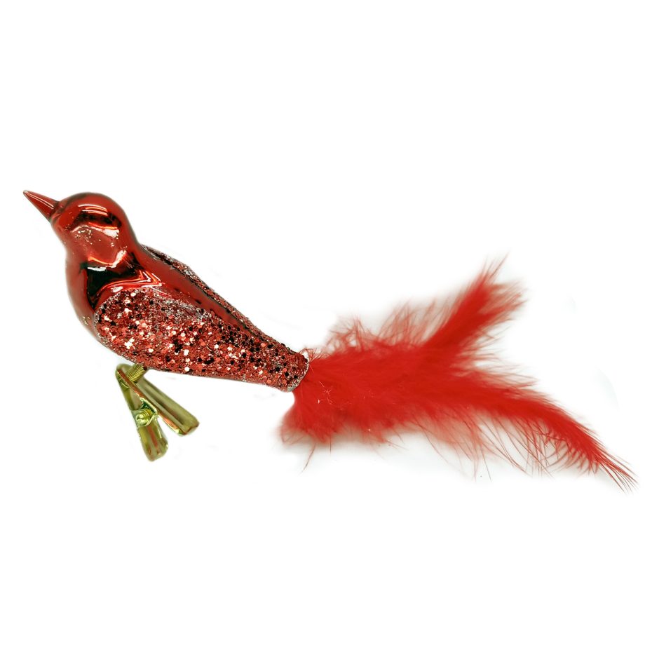 ORN GLASS BIRD 5" RED W/FEATHER TAIL