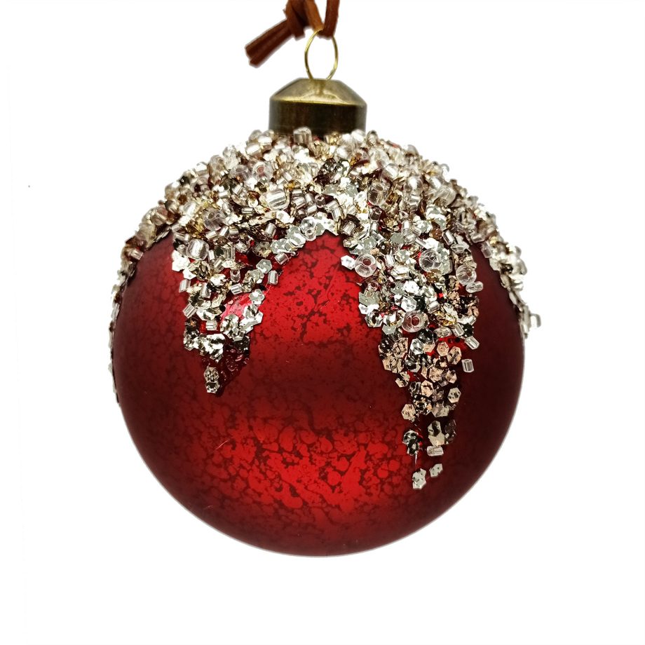ORN GLASS BALL 4" RED-DARK W/GOLD BEAD ON TOP