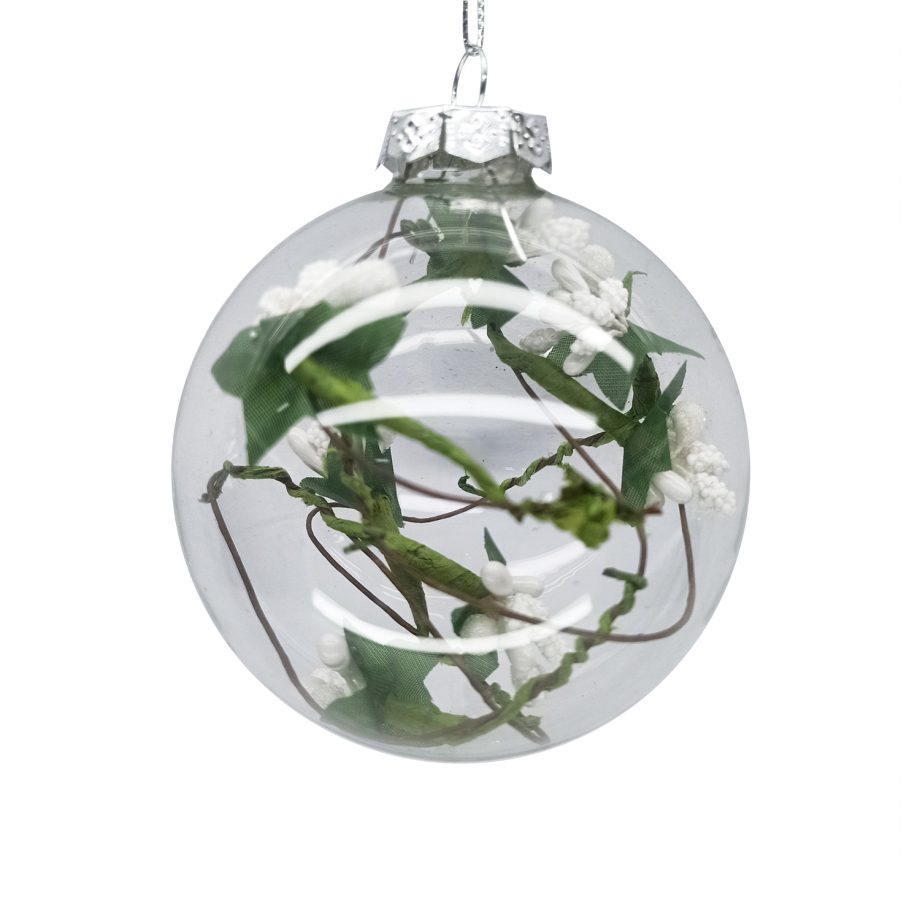 ORN GLASS BALL 3" CLEAR W/MISTLETOE INSDE