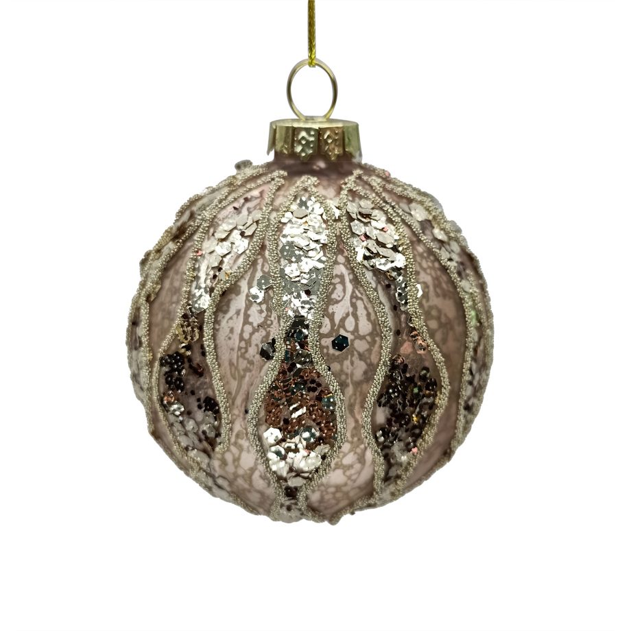 ORN GLASS BALL 3" ROSE GOLD W/CHAMP WAVE PATTERN