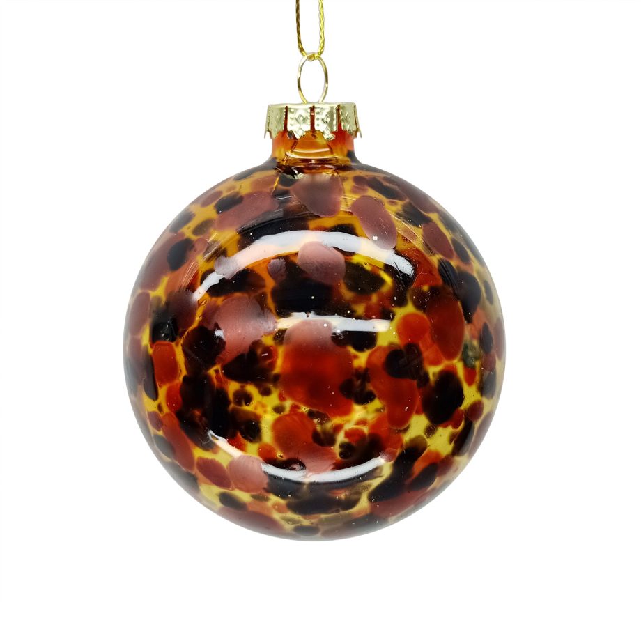 ORN GLASS BALL 3" CLEAR COPPER-LEPOARD TIGER EYE PATTERN