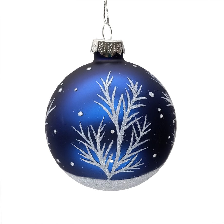 ORN GLASS BALL 3" BLUE MATTE W/ GLITTER WHITE TREE