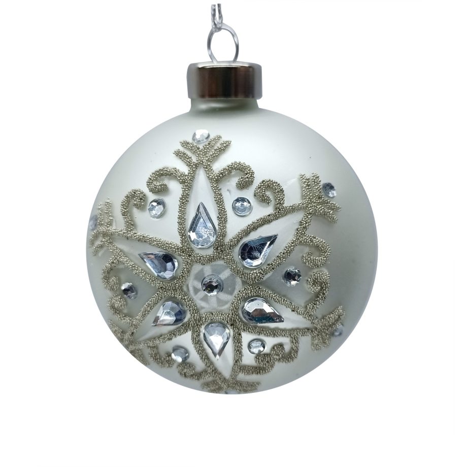 ORN GLASS BALL 3" WHITE- MATTE W/ SNOWFLAKE & JEWELS
