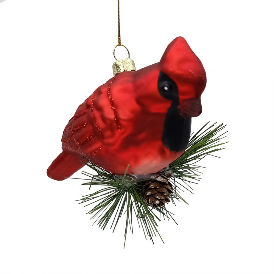 ORN GLASS RED CARDINAL 5"X2"X2" ON BRANCH