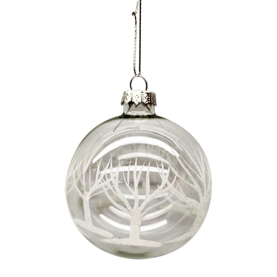 ORN GLASS BALL 3" CLEAR W/WHITE TREE PATTERN