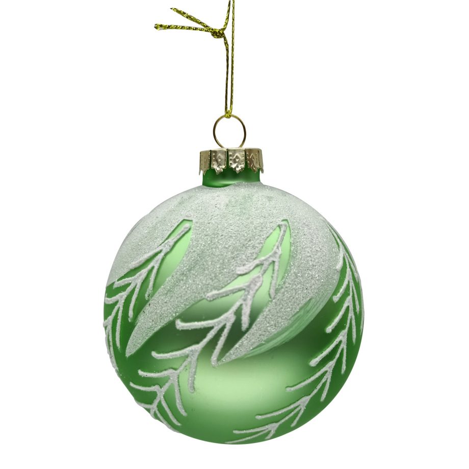 ORN GLASS BALL 3" GREEN-SAGE MATTE W/ WHITE ICE BRANCH
