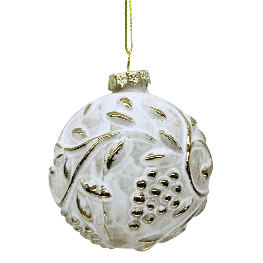 ORN GLASS BALL 3" GOLD EMBOSED W/ WHITE WASED GOLD LVS