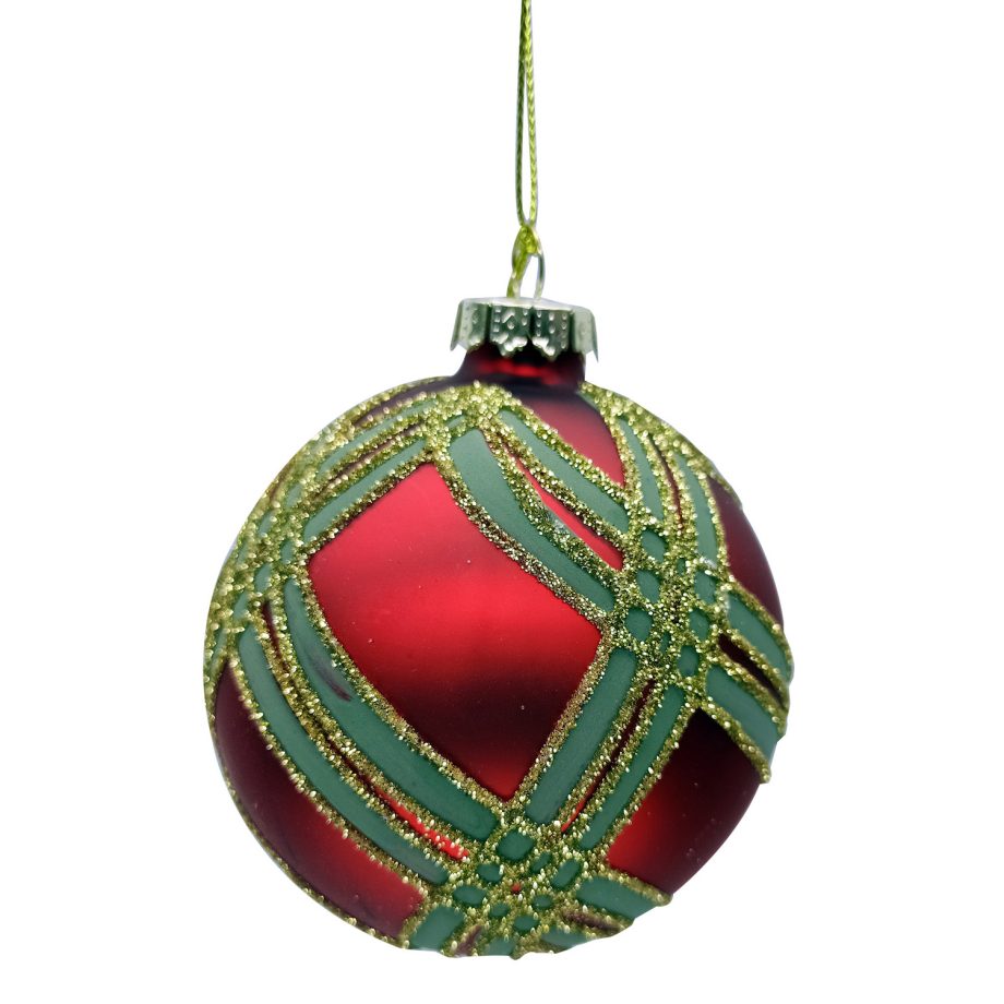 ORN GLASS BALL 3" RED MATTE W/ GREEN & GOLD RIBBON PATERN