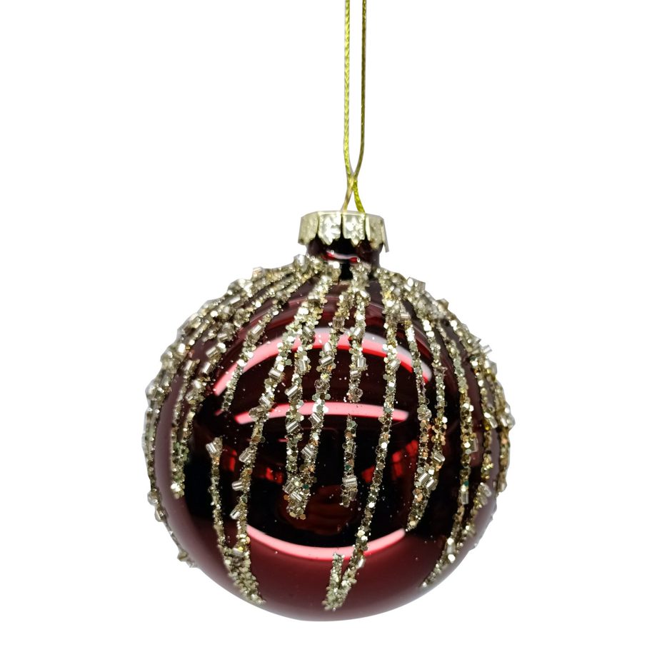 ORN GLASS BALL 3" RED- BURGUNDY SHINY  W/CHAMPAGE ICICLES