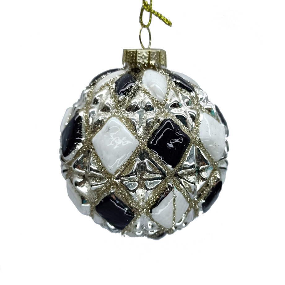 ORN GLASS BALL 3" BLACK/ WHITE W/CHAMP. DIAMONG GLITTER