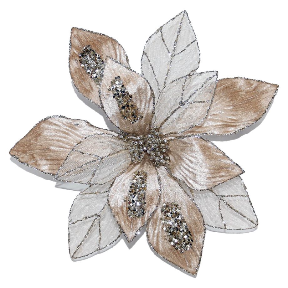 POINSETTIA HEAD CHAMPAGNE 12" W/ GLITTER W/ CLIP