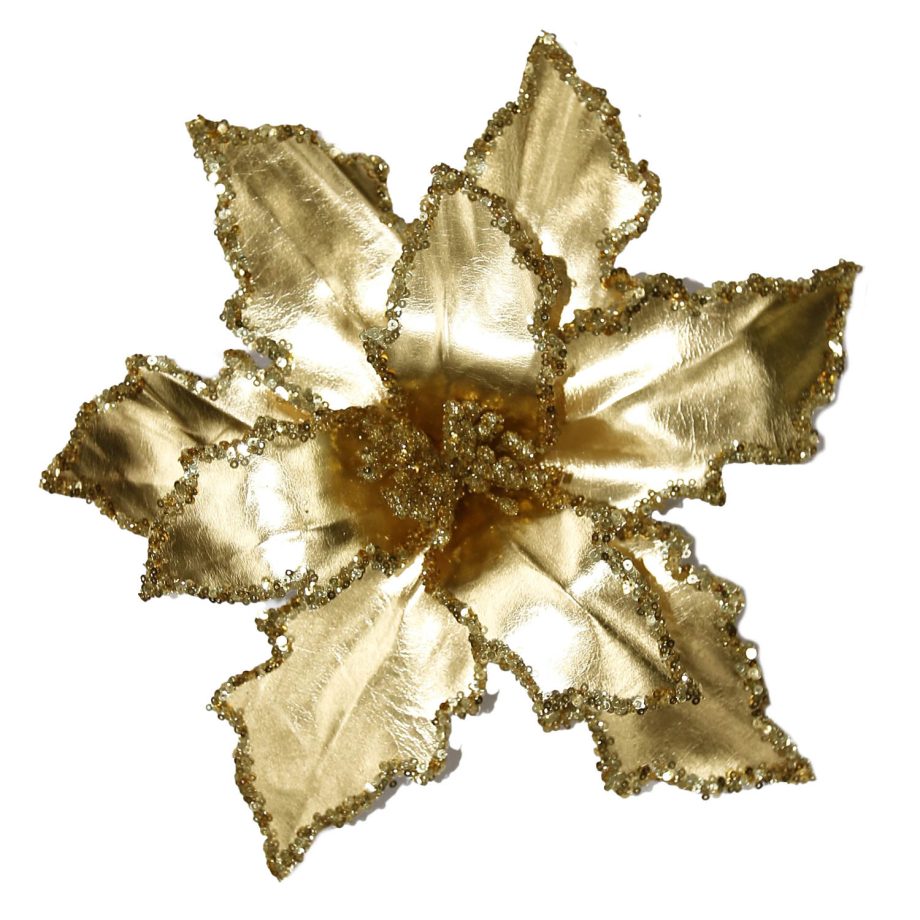 POINSETTIA HEAD GOLD 12" METALIC  W/GLITTER W/CLIP