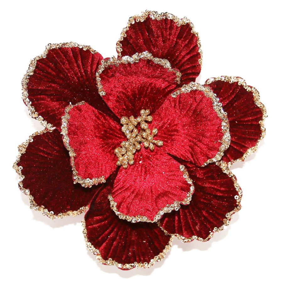 MAGNOLIA HEAD BURGUNDY 9" ROSE GOLD GLITTER W/CLIP