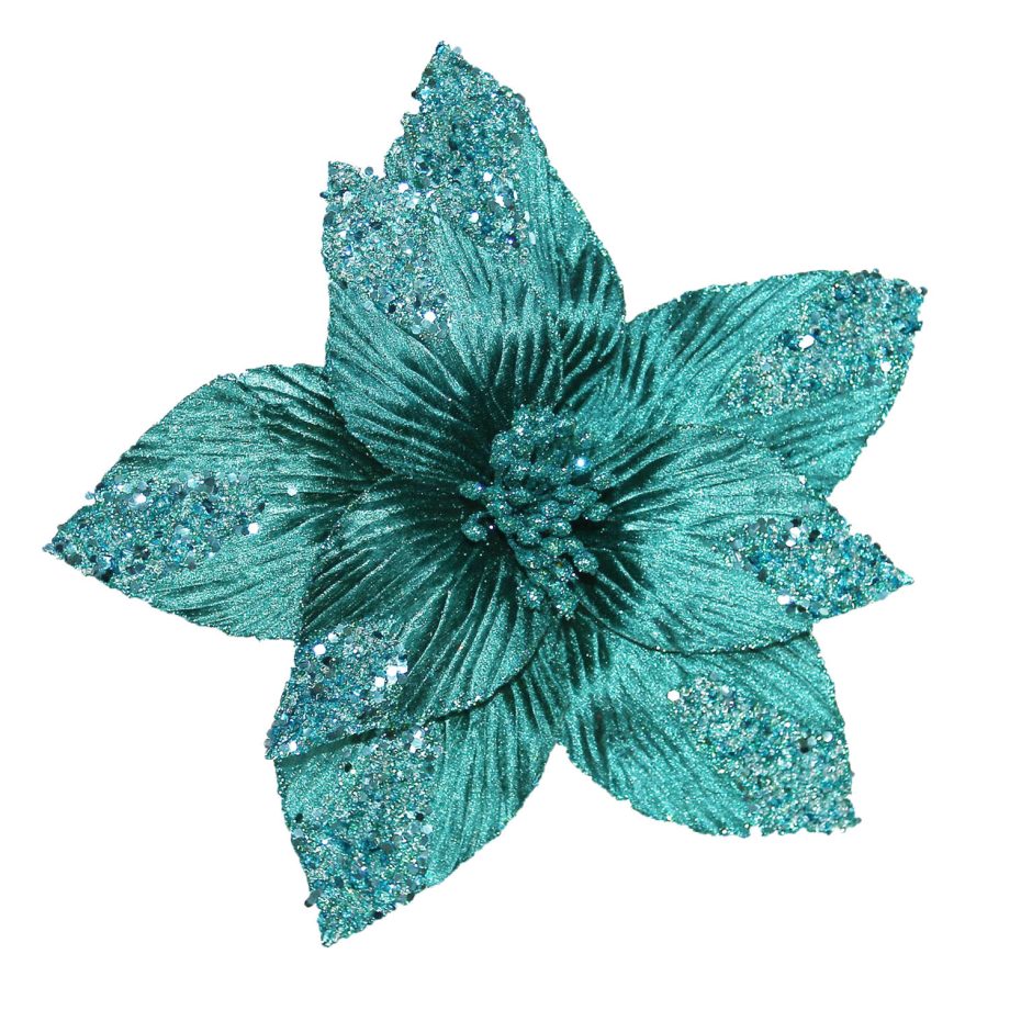 POINSETTIA HEAD BLUE/PEACOCK 11.5" W/ GLTR & CLIP