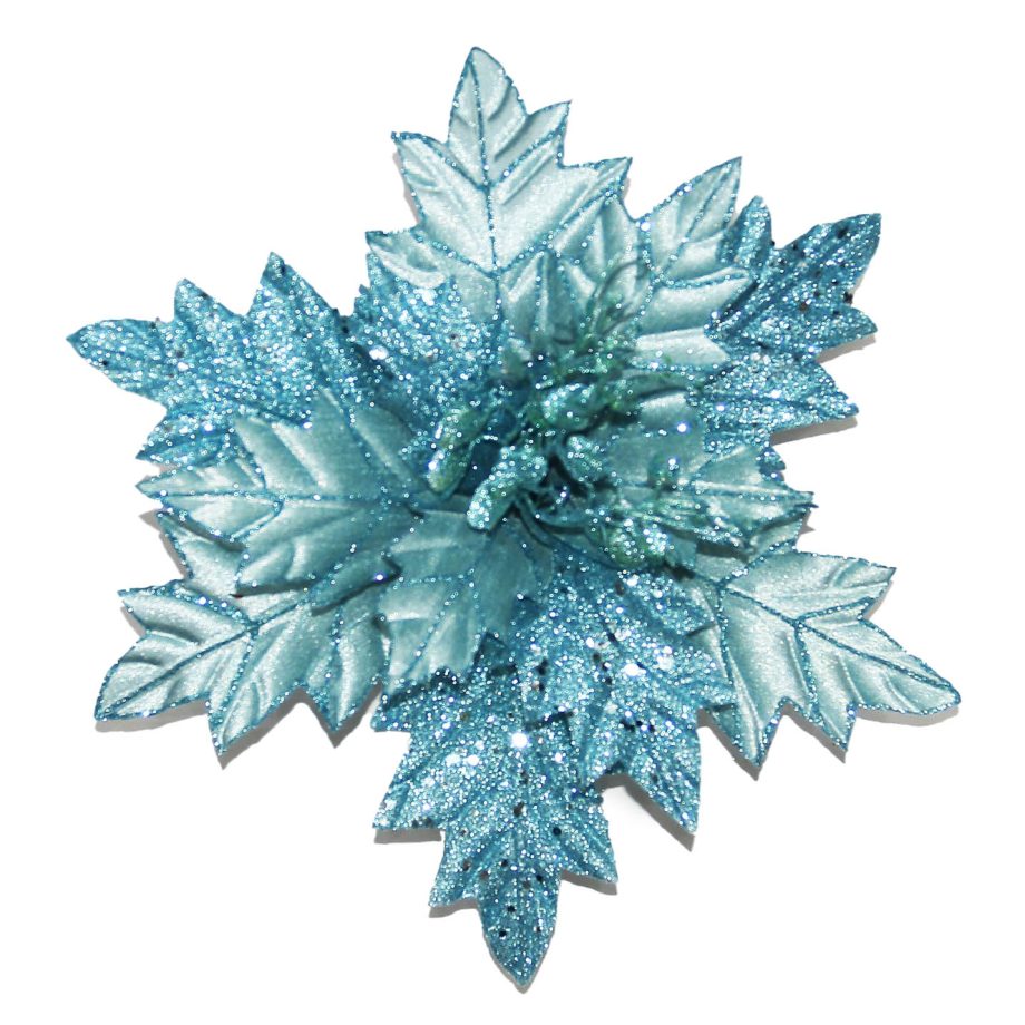 POINSETTIA HEAD BLUE ICE 13.5" W/GLITTER W/CLIP