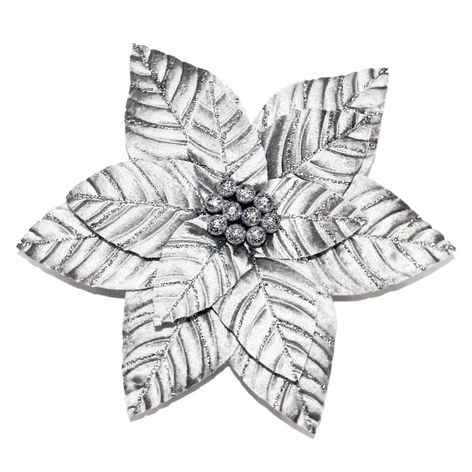 POINSETTIA HEAD SILVER 13" W/ GLITTER W/ CLIP