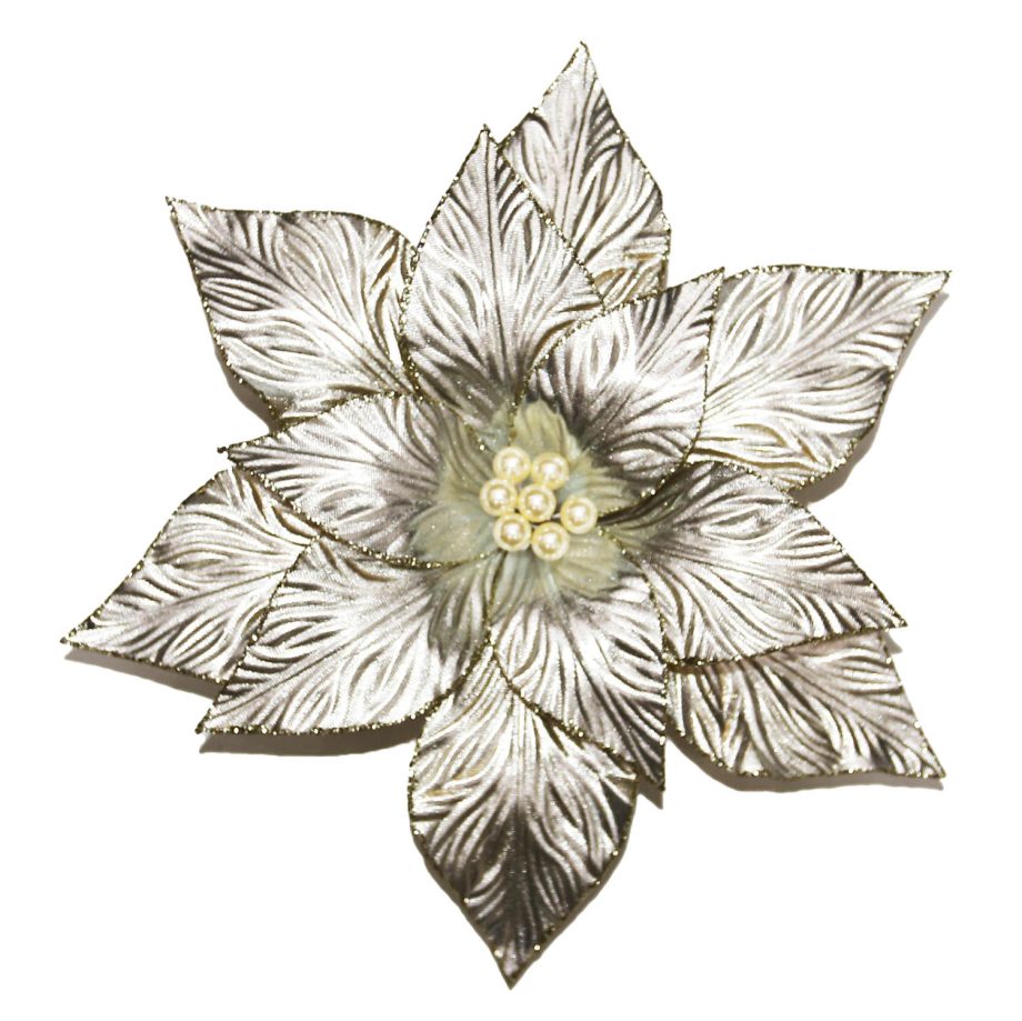 POINSETTIA HEAD PLATINUM 12" W/ WHITE POLLEN W/ CLIP